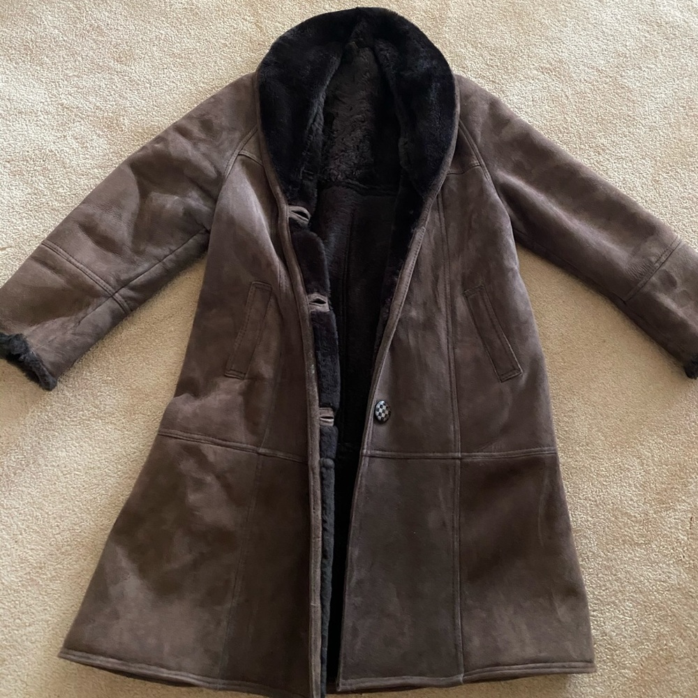 Marco Gianoti dark brown shearling suede coat